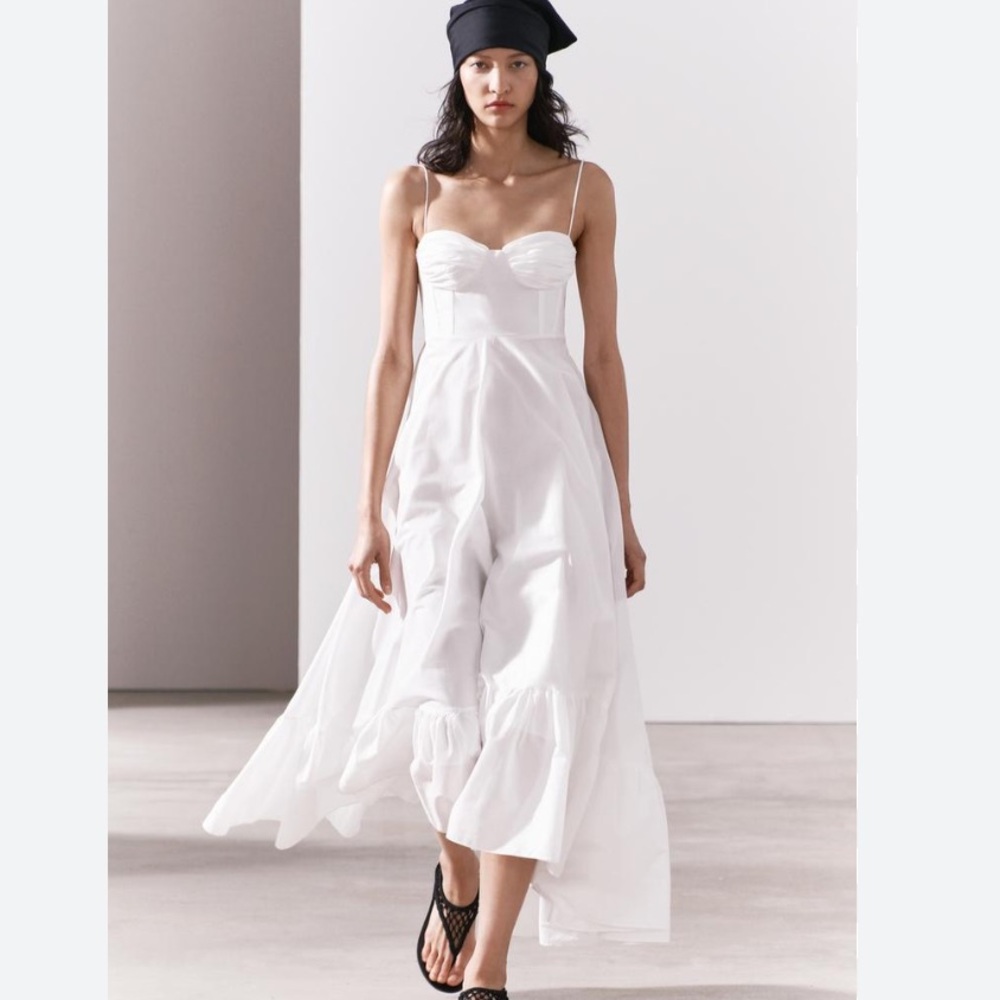 Zara ruffled poplin white maxi dress